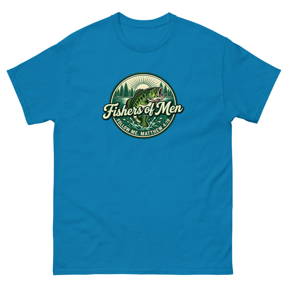 Green circular badge with a leaping bass reading Fishers of Men, Matthew 4:19 on a Sapphire shirt
