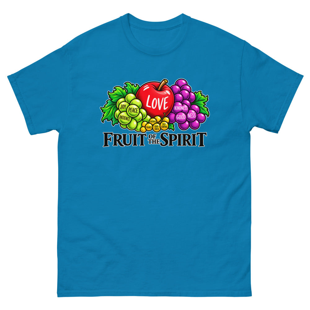 Illustrated fruit labelled with the fruit of the spirit under the words Fruit Of The Spirit on a Sapphire shirt