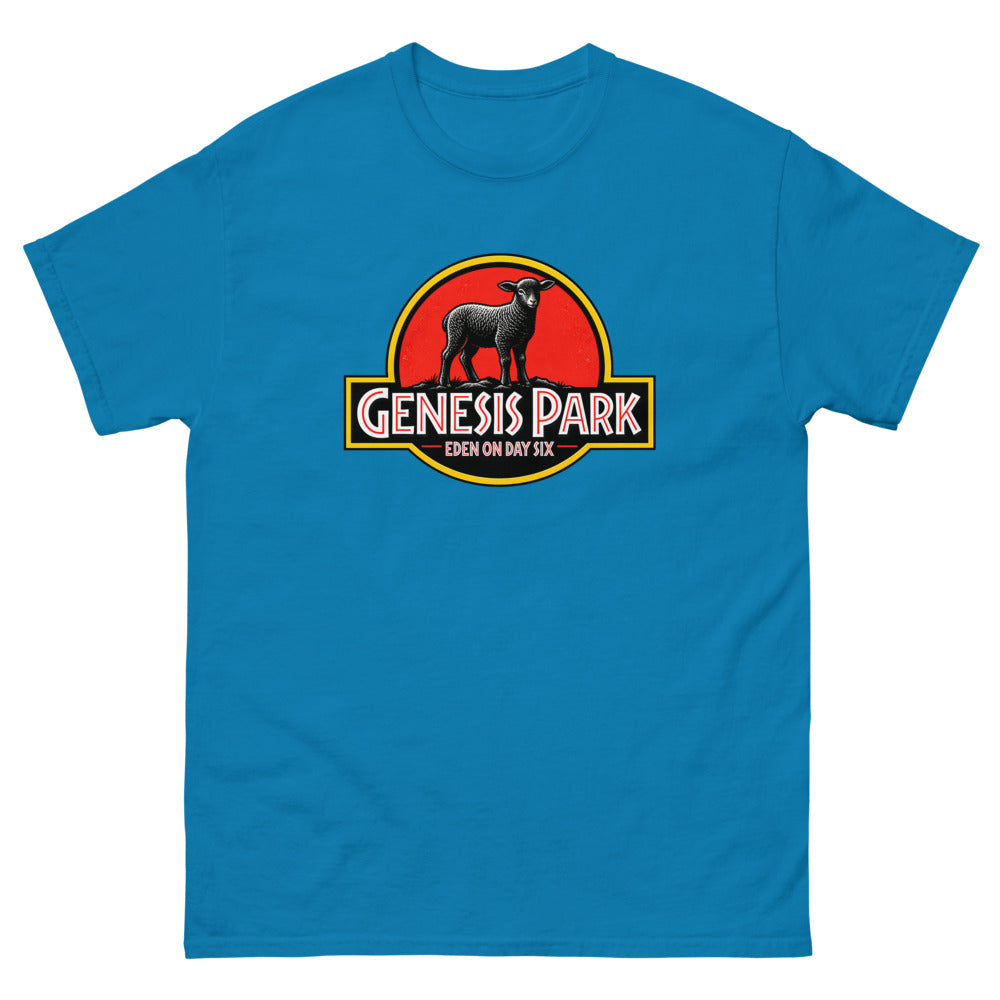 Movie logo parody with a lamb silhouette reading Genesis Park, Eden On Day Six on a Sapphire shirt