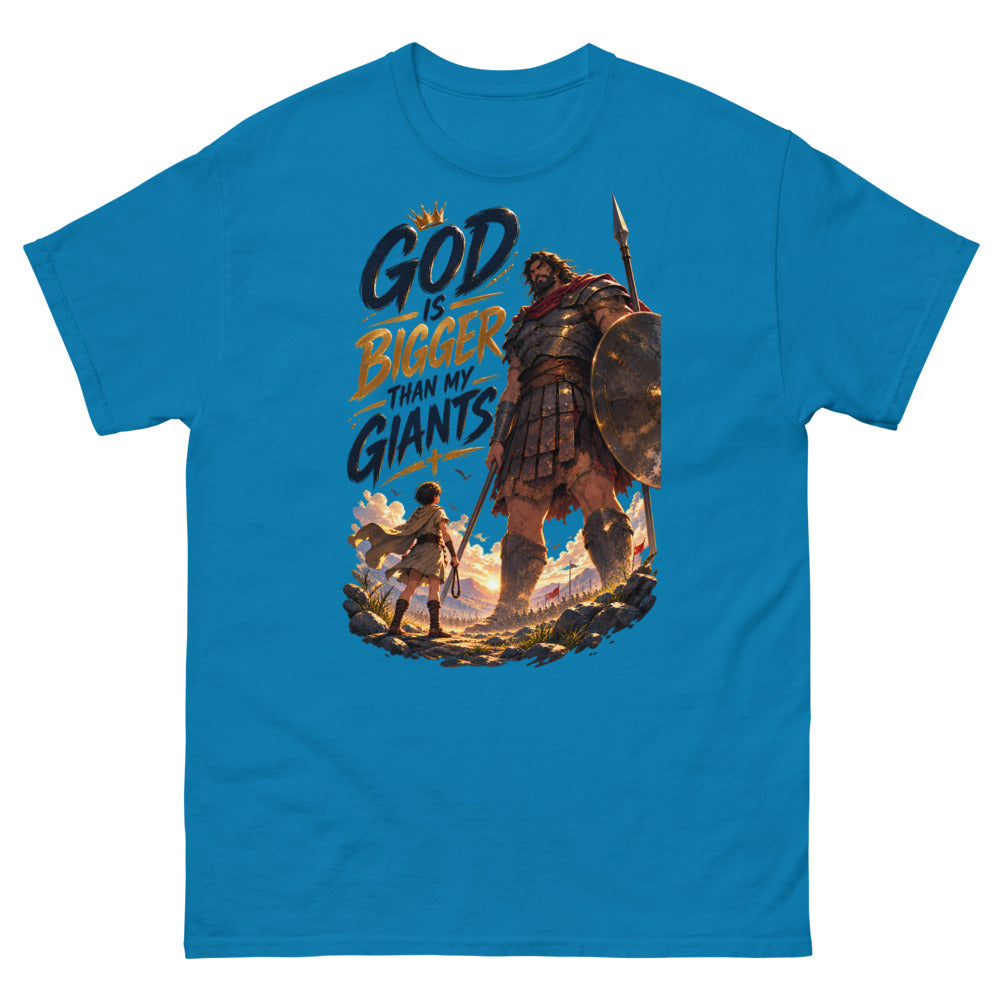 Anime David facing Goliath with the words God Is Bigger Than My Giants on a Sapphire shirt