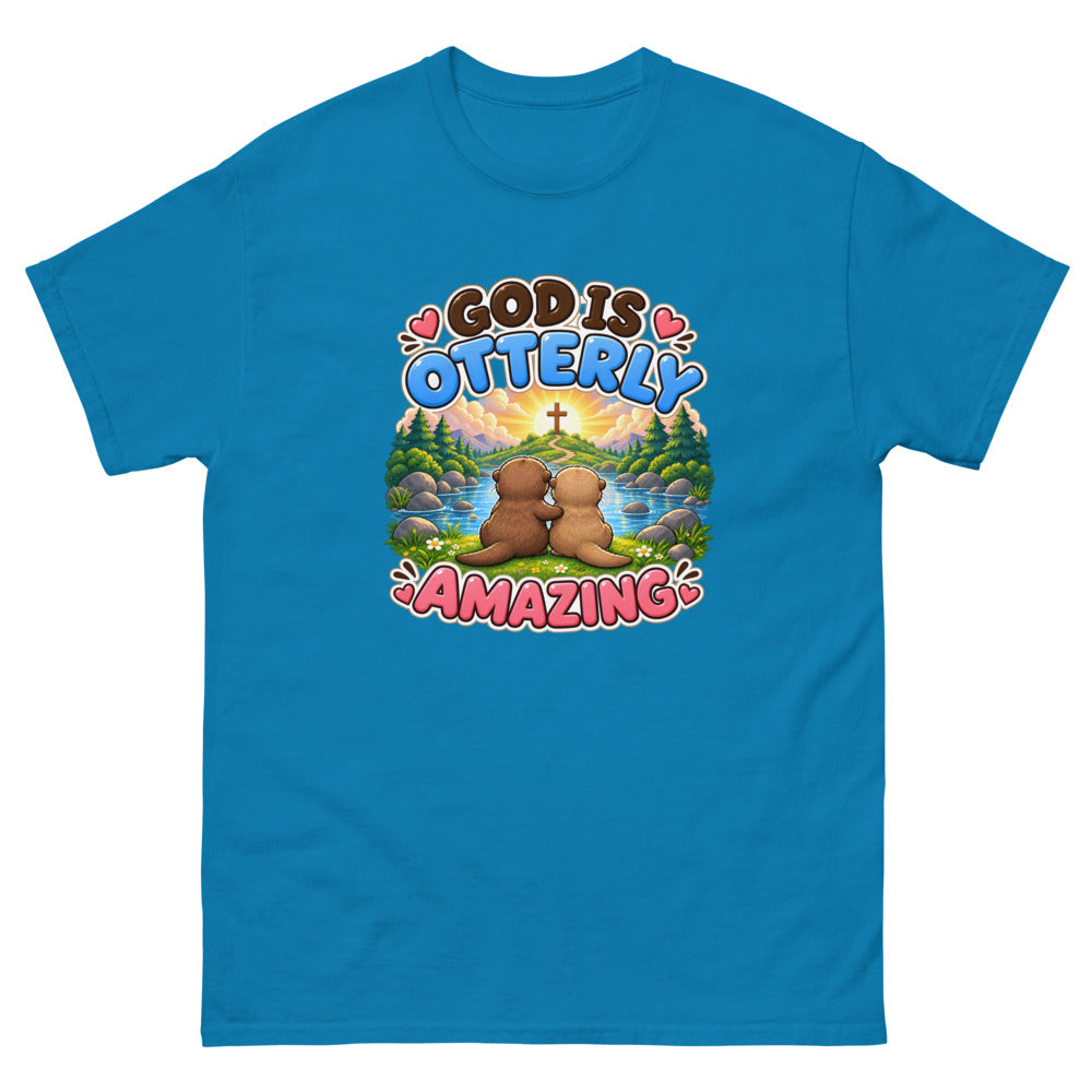 Two otters watching a sunrise with a cross and the words God Is Otterly Amazing on a Sapphire shirt