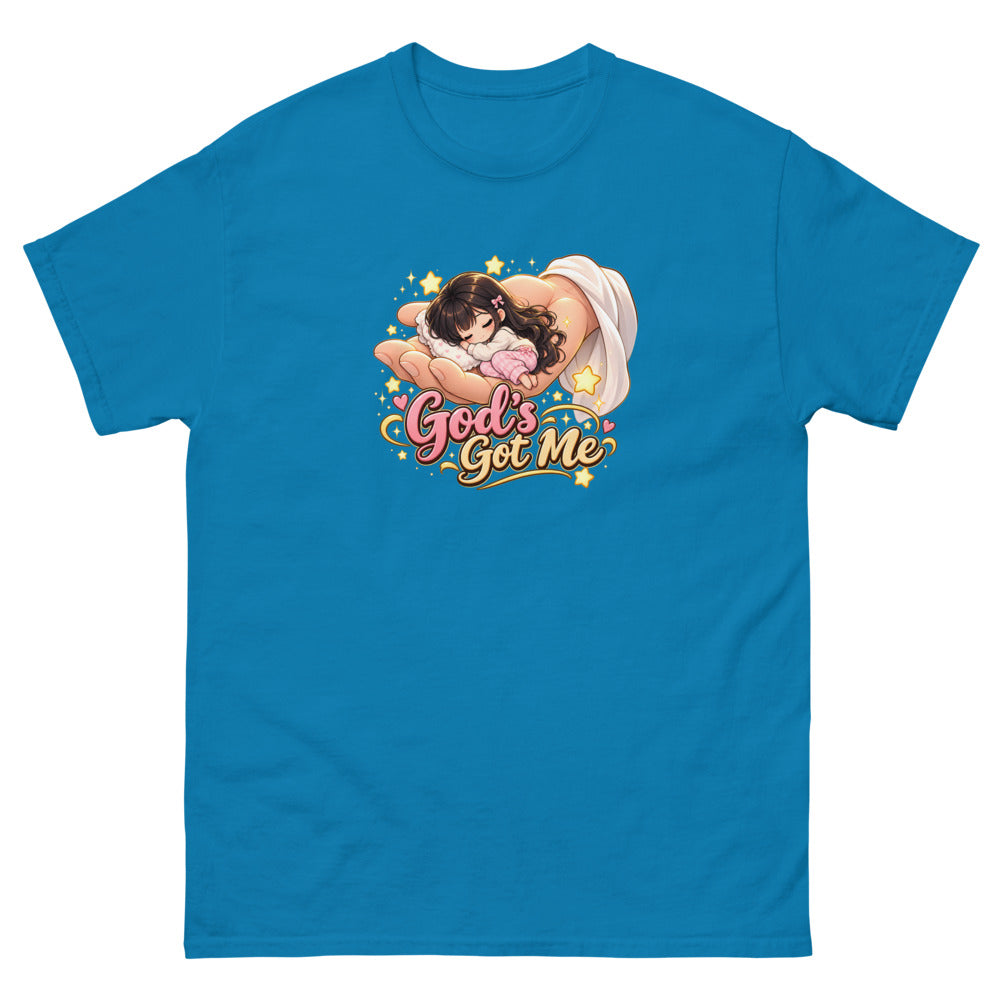 Chibi girl sleeping in the palm of God's hand with the words God's Got Me on a Sapphire shirt