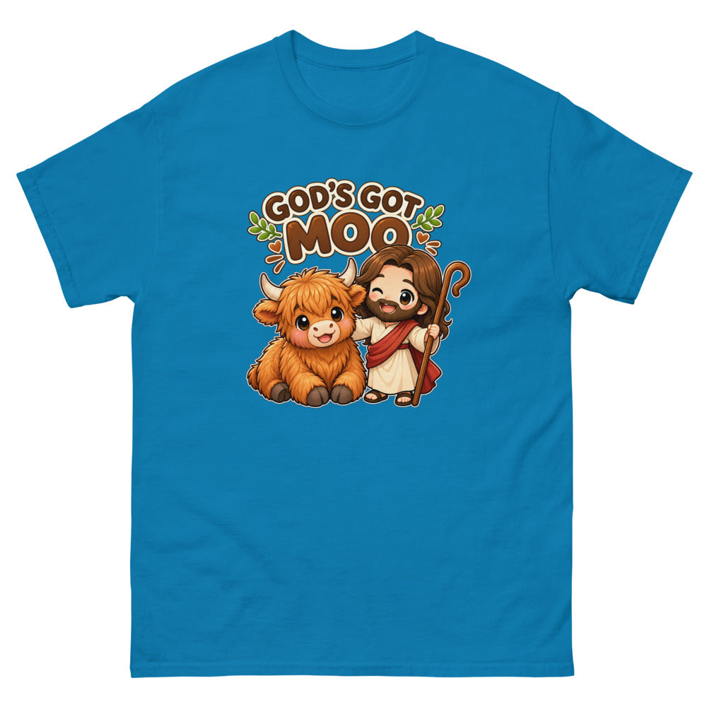 Cartoon highland cow with chibi Jesus and the words God's Got Moo on a Sapphire shirt