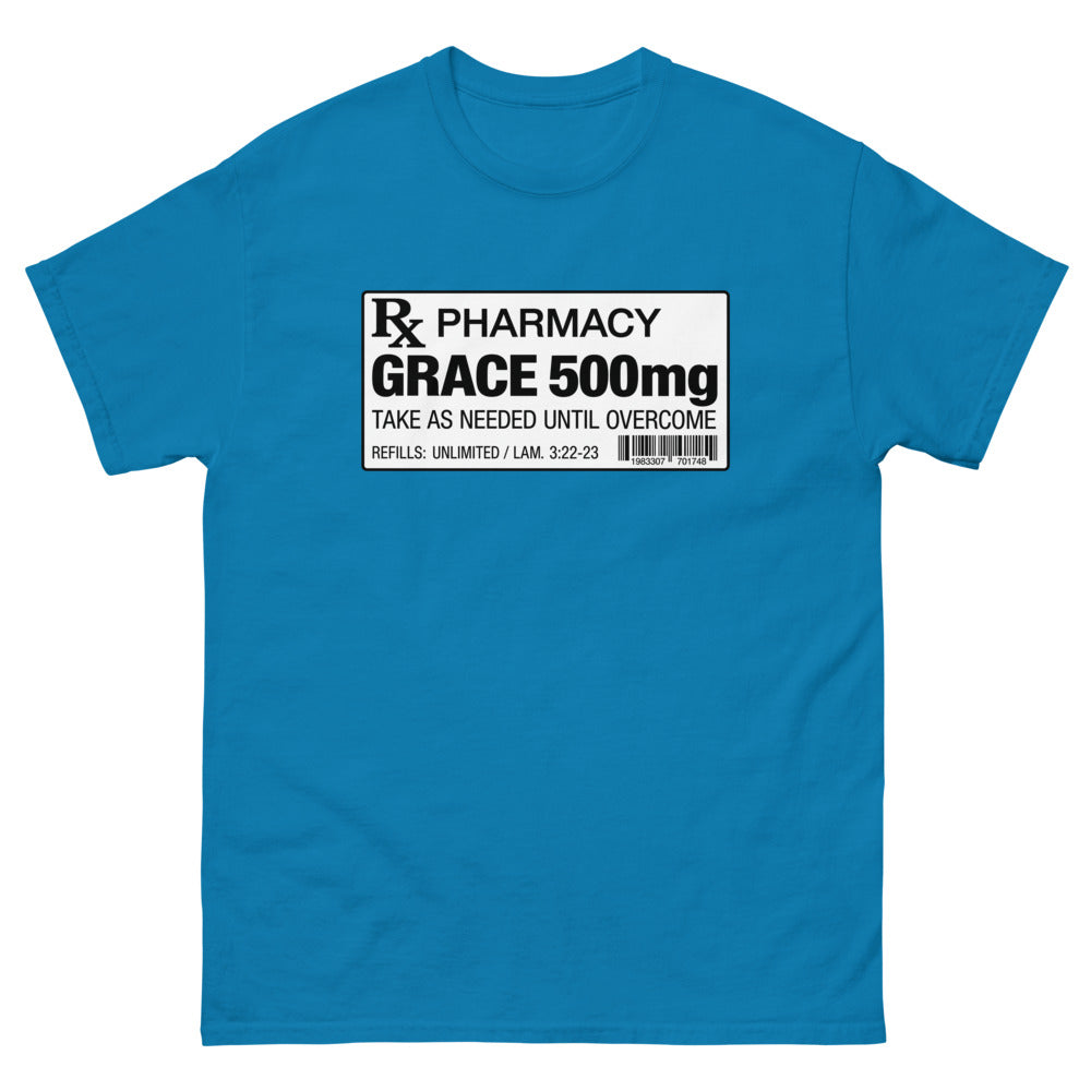Pharmacy prescription label reading Grace 500mg, refills unlimited on a Sapphire shirt