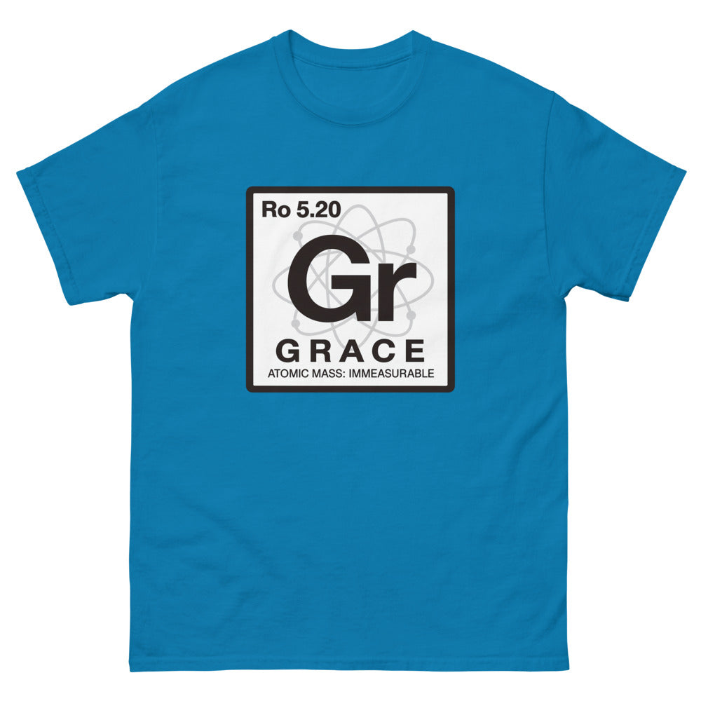 Periodic table tile reading Gr, Grace, atomic mass immeasurable on a Sapphire shirt