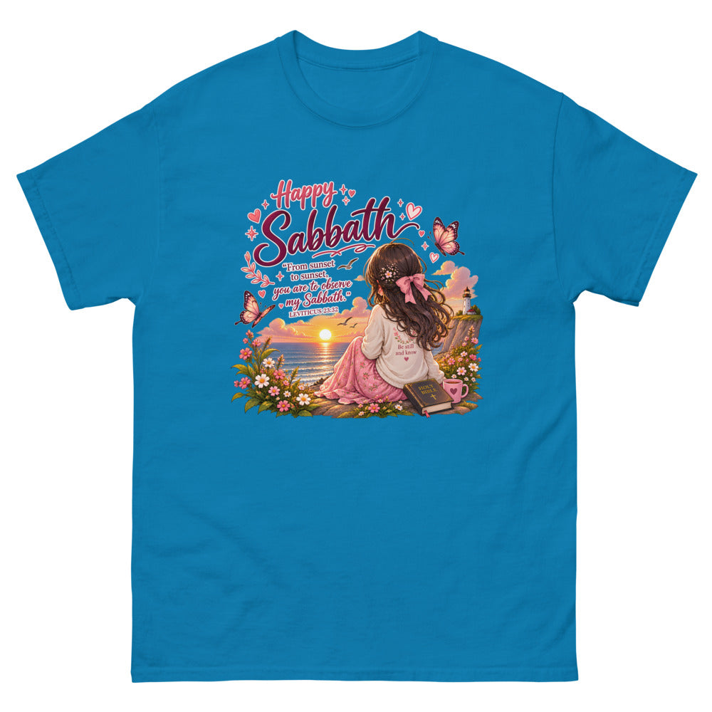 Chibi girl watching an ocean sunset with a Bible and the words Happy Sabbath on a Sapphire shirt