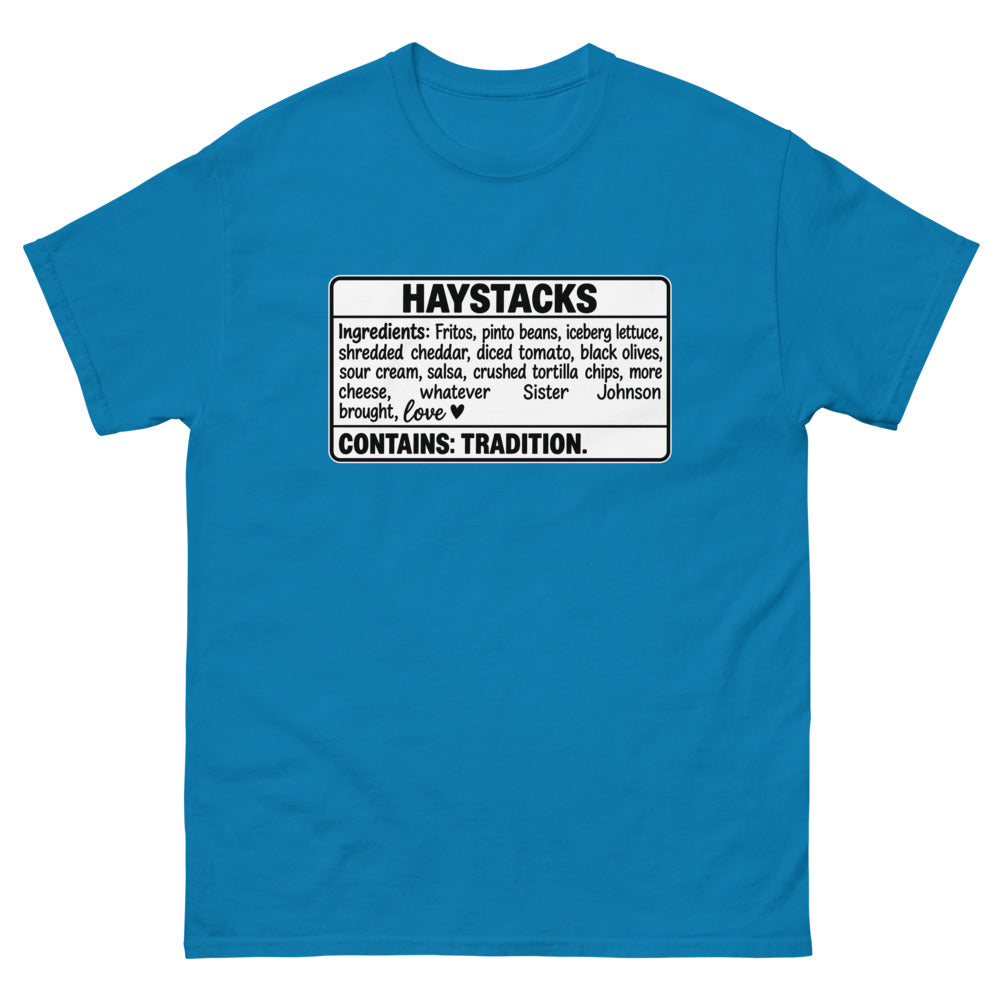Ingredients label for haystacks ending with Contains: Tradition on a Sapphire shirt