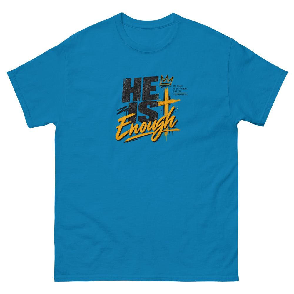 Graffiti style lettering with a crown and gold cross reading He Is Enough on a Sapphire shirt