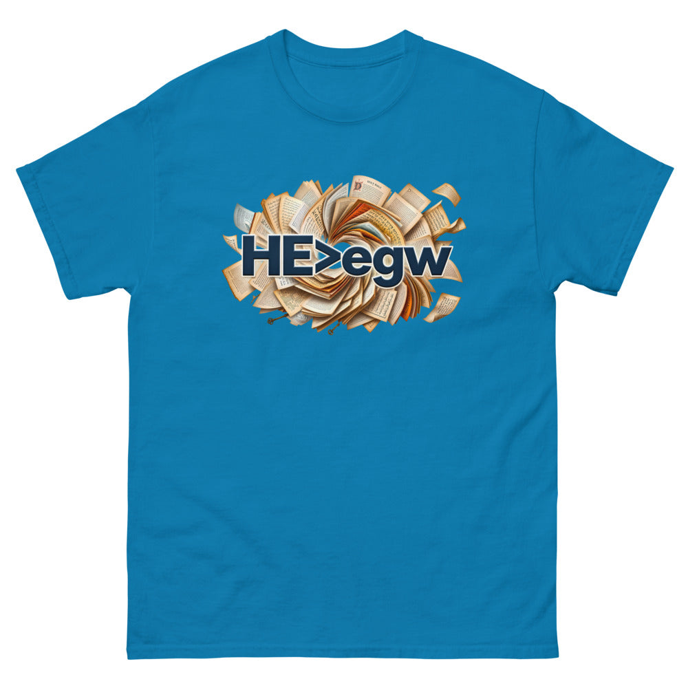 Spiral of open Bibles with navy lettering reading HE is greater than egw on a Sapphire shirt