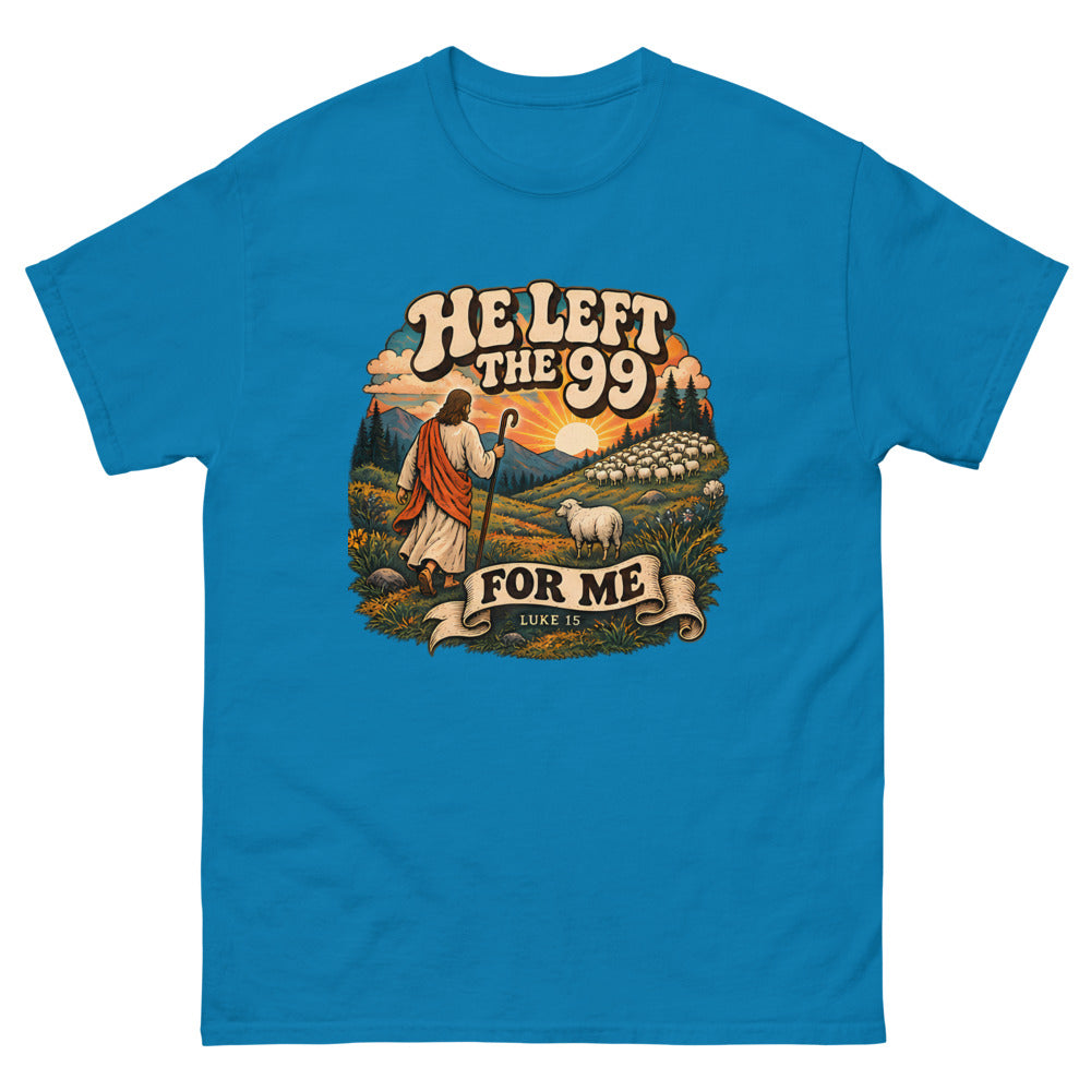 Retro hillside scene of a shepherd and one sheep reading He Left The 99 For Me on a Sapphire shirt
