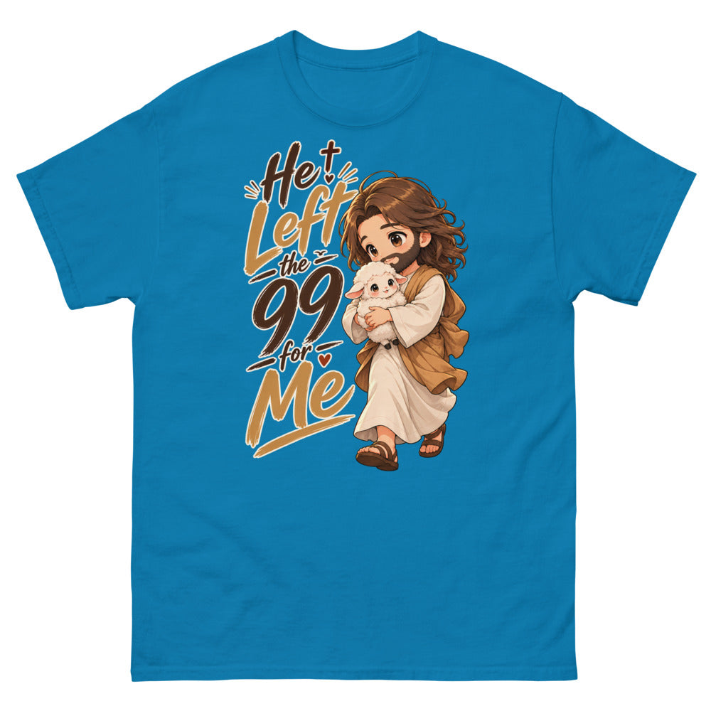 Chibi Jesus carrying a lamb with the words He Left The 99 For Me on a Sapphire shirt