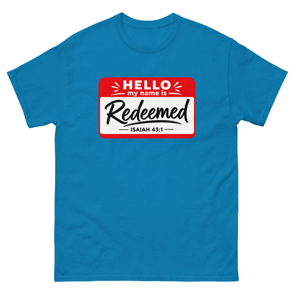 Red and white name badge reading Hello my name is Redeemed, Isaiah 43:1 on a Sapphire shirt