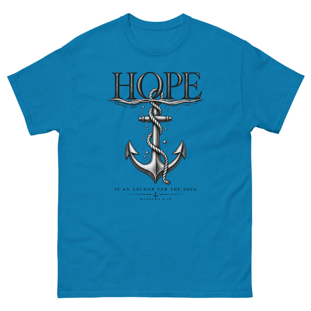 Engraved anchor below the waterline with the words Hope Is An Anchor For The Soul on a Sapphire shirt