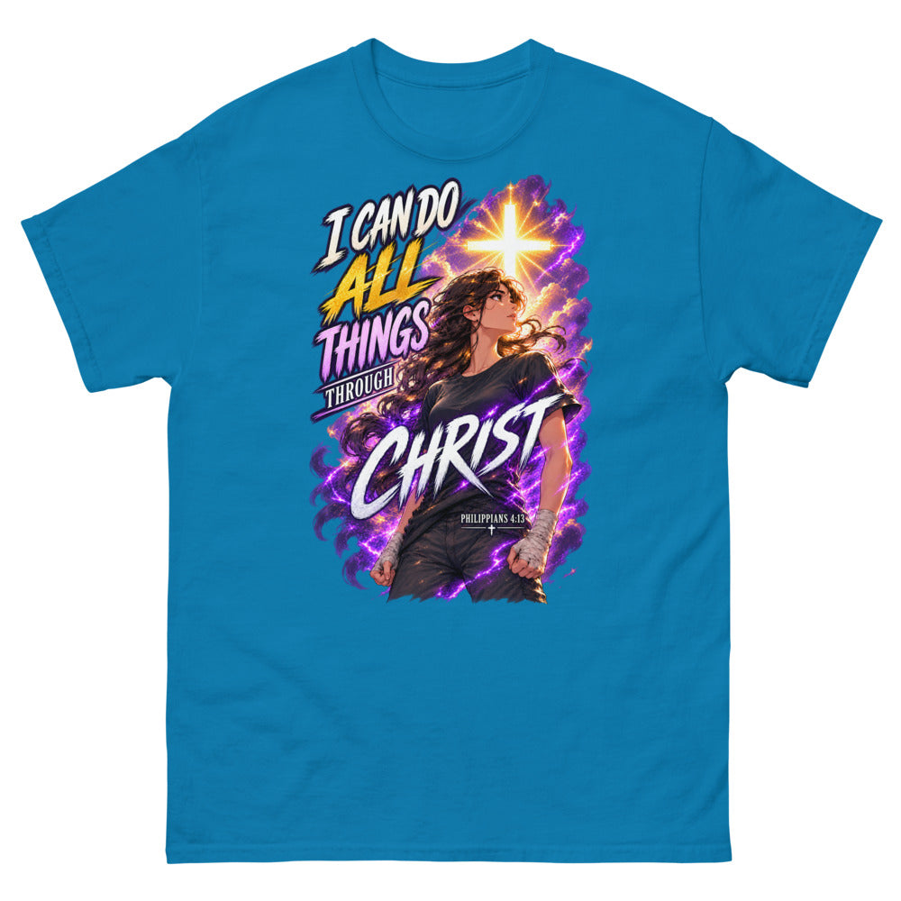 Anime woman under a glowing cross with the words I Can Do All Things Through Christ on a Sapphire shirt