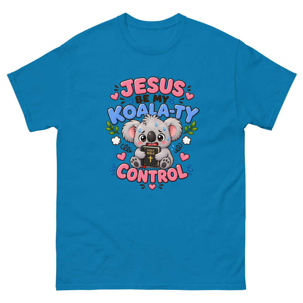 Cartoon koala holding a Bible with the words Jesus Be My Koala-ty Control on a Sapphire shirt