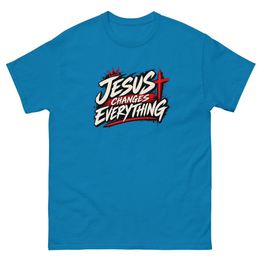 Brush script streetwear graphic with a crown and red cross reading Jesus Changes Everything on a Sapphire shirt