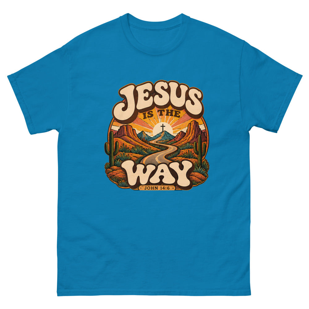 Retro groovy desert badge with a winding road to a cross reading Jesus Is The Way on a Sapphire shirt