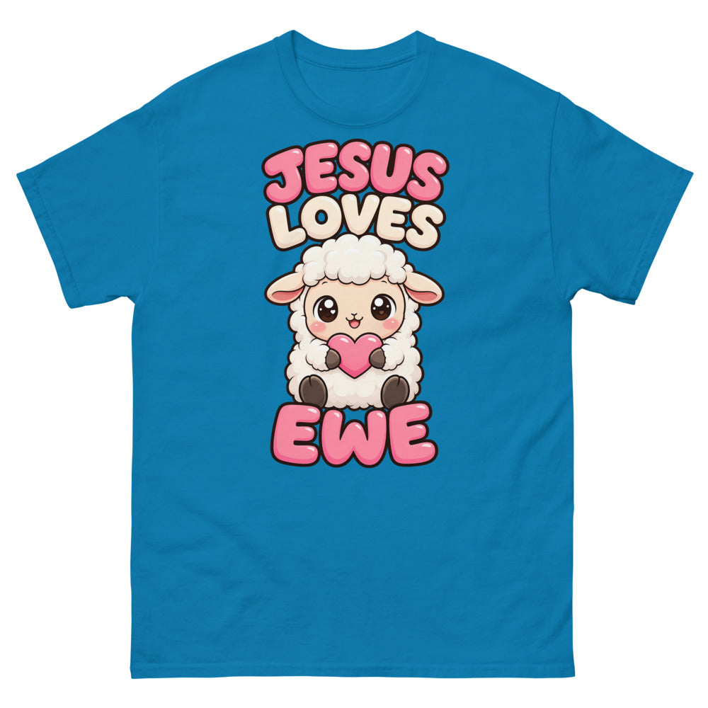 Cartoon lamb holding a heart with the words Jesus Loves Ewe on a Sapphire shirt