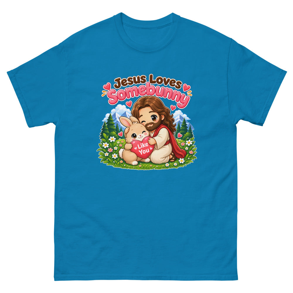 Chibi Jesus hugging a bunny holding a heart with the words Jesus Loves Somebunny on a Sapphire shirt