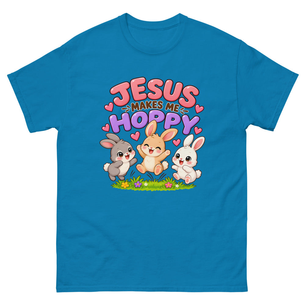 Three cartoon bunnies jumping with the words Jesus Makes Me Hoppy on a Sapphire shirt