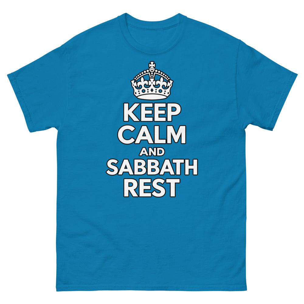 Crown above heavy caps reading Keep Calm And Sabbath Rest on a Sapphire shirt