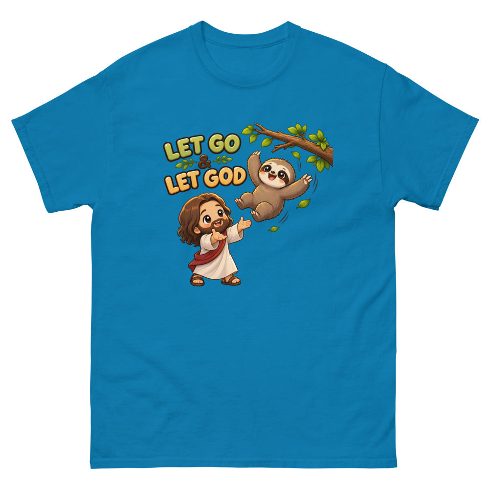 Cartoon sloth falling from a branch toward Jesus with the words Let Go And Let God on a Sapphire shirt