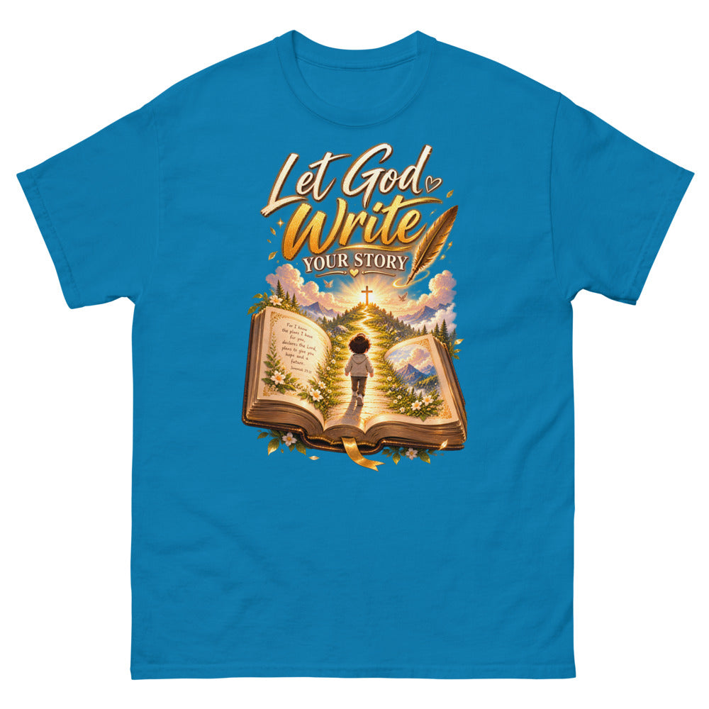 Open Bible with a child walking toward a cross and the words Let God Write Your Story on a Sapphire shirt