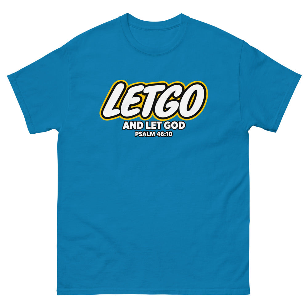 Toy brick logo parody reading Letgo and Let God, Psalm 46:10 on a Sapphire shirt