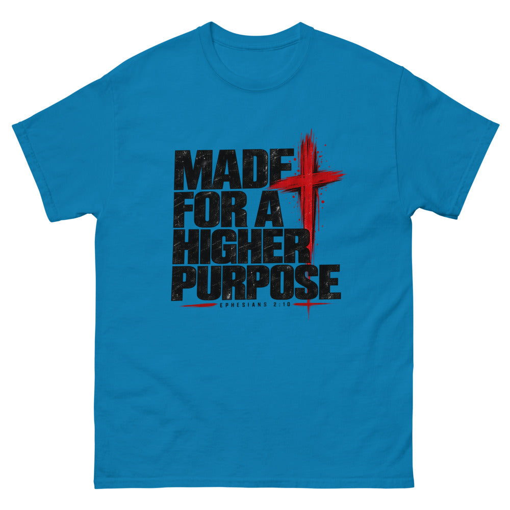 Heavy black caps with a red brush cross reading Made For A Higher Purpose on a Sapphire shirt