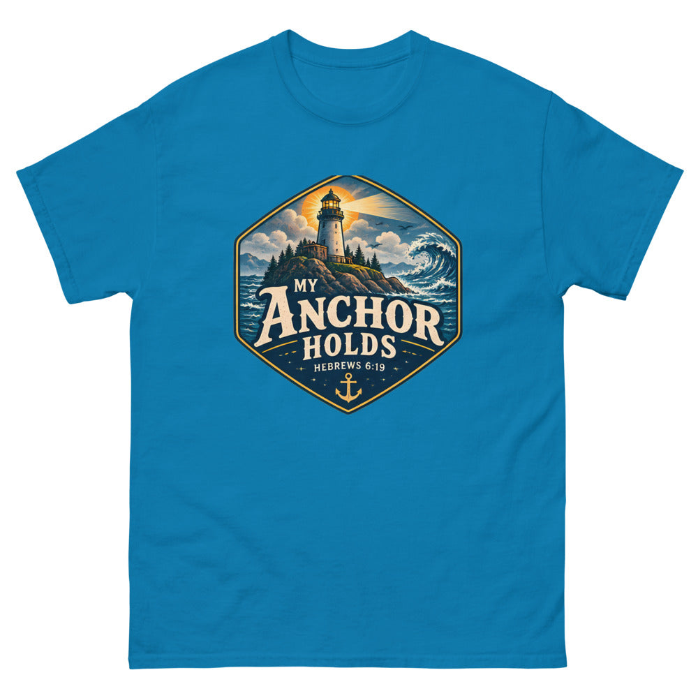 Navy hexagon badge with a lighthouse and wave reading My Anchor Holds on a Sapphire shirt