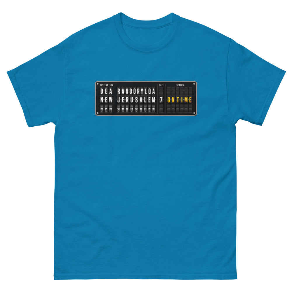 Split flap departure board reading New Jerusalem, gate 7, on time on a Sapphire shirt