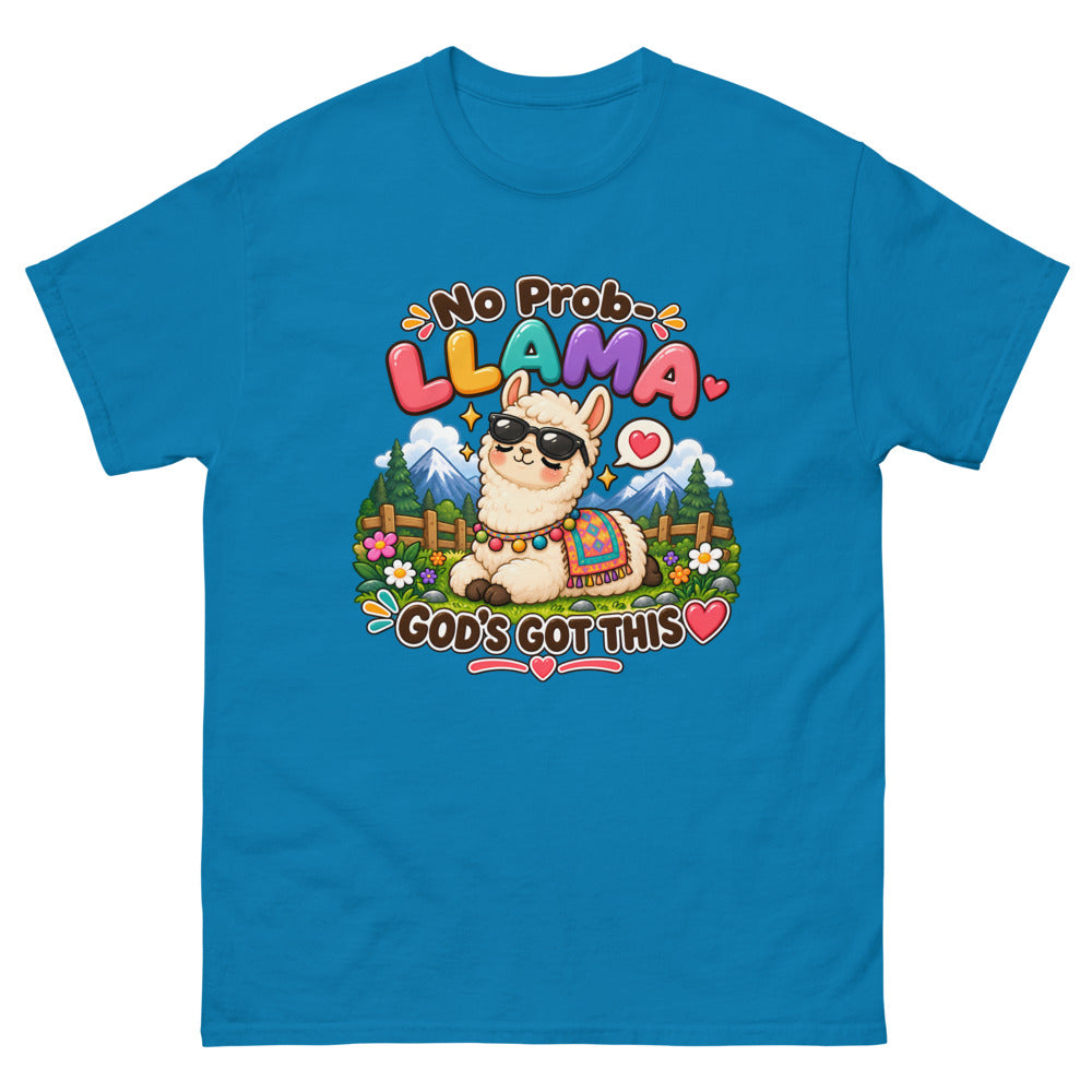 Cartoon llama in sunglasses with the words No Prob-Llama God's Got This on a Sapphire shirt