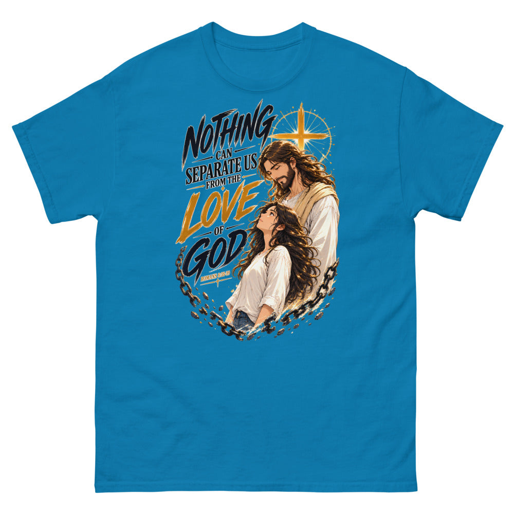 Anime illustration of Jesus and a young woman with broken chains and the words Nothing Can Separate Us From The Love Of God on a Sapphire shirt