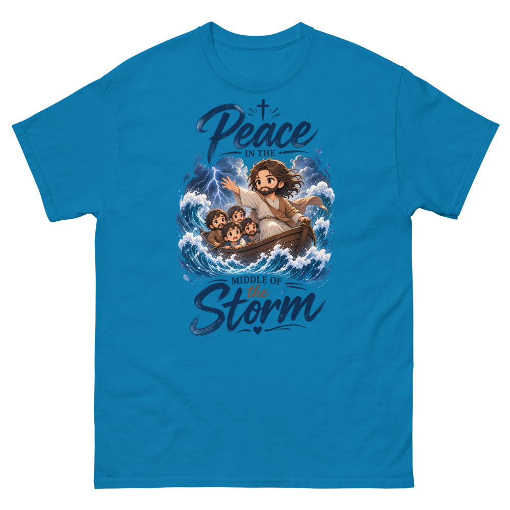 Chibi Jesus calming a storm in a boat with the words Peace In The Middle Of The Storm on a Sapphire shirt