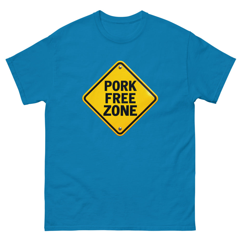 Yellow diamond road sign reading Pork Free Zone on a Sapphire shirt