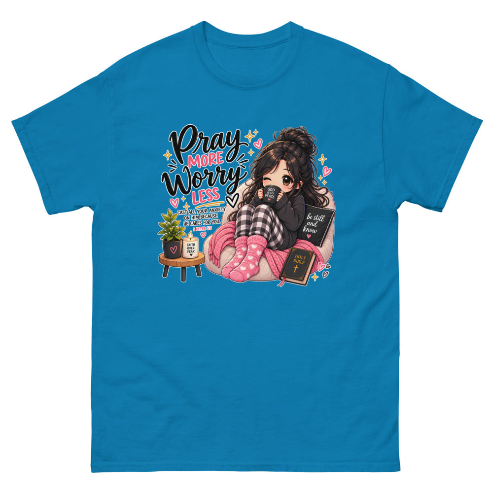 Cozy chibi girl with a mug and Bible with the words Pray More Worry Less on a Sapphire shirt
