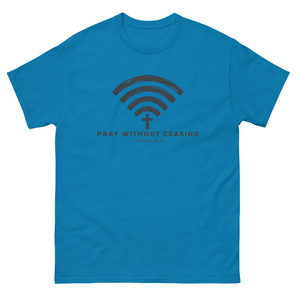 Brush drawn wi-fi symbol with a cross and the words Pray Without Ceasing on a Sapphire shirt