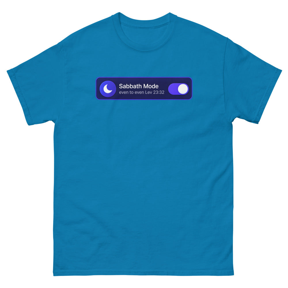 Phone settings toggle switched on reading Sabbath Mode, even to even on a Sapphire shirt