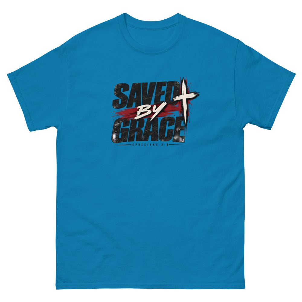 Streetwear lettering with a red brush stroke and cross reading Saved By Grace on a Sapphire shirt