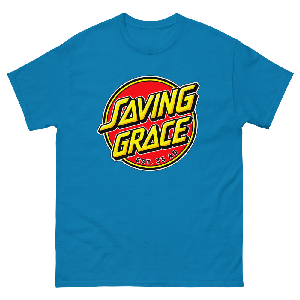 Red circle skate logo reading Saving Grace, Est. 33 AD on a Sapphire shirt