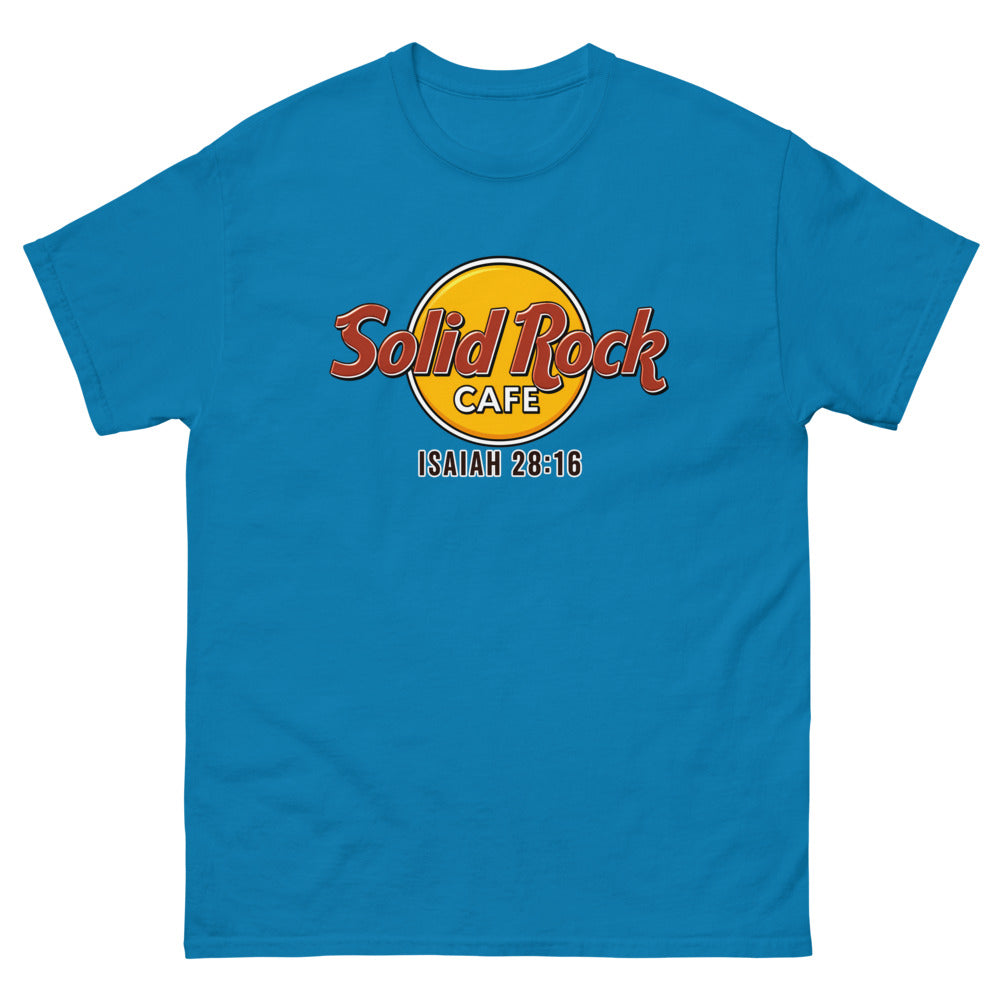 Gold roundel reading Solid Rock Cafe with Isaiah 28:16 on a Sapphire shirt
