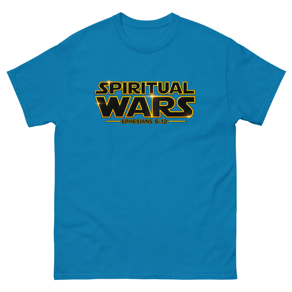 Film logo parody reading Spiritual Wars with Ephesians 6:12 on a Sapphire shirt