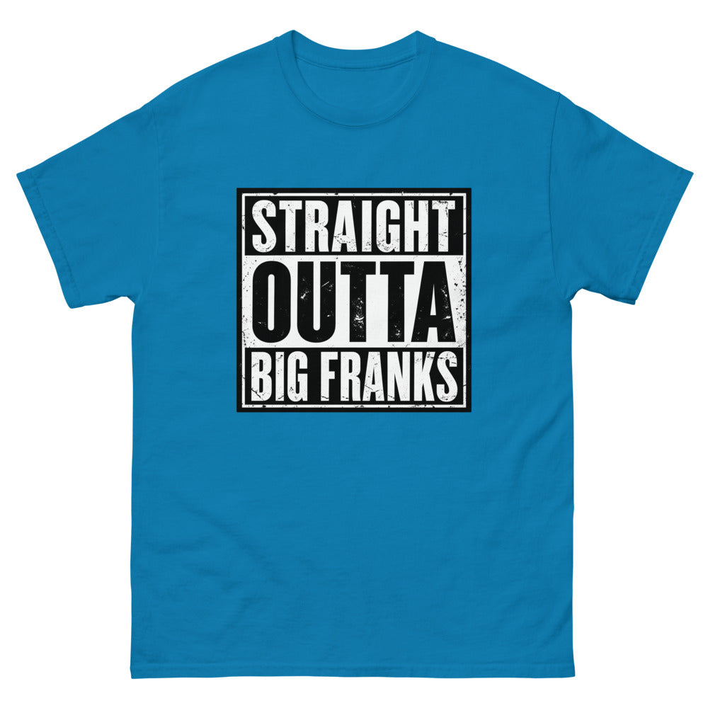 Distressed block lettering reading Straight Outta Big Franks on a Sapphire shirt