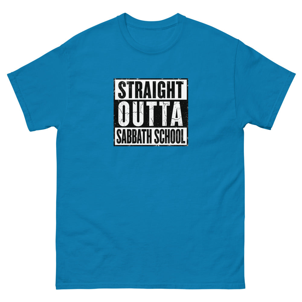 Distressed block lettering reading Straight Outta Sabbath School on a Sapphire shirt