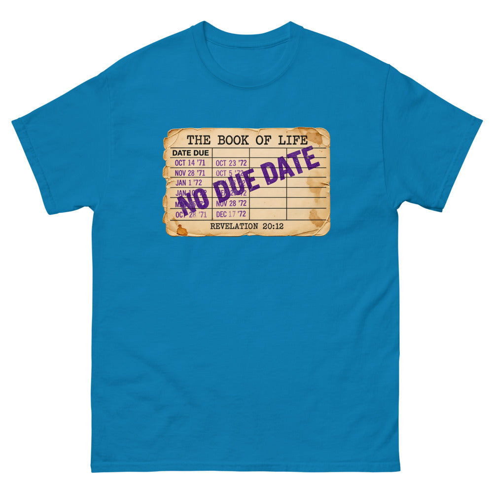 Vintage library due date card headed The Book Of Life stamped No Due Date on a Sapphire shirt