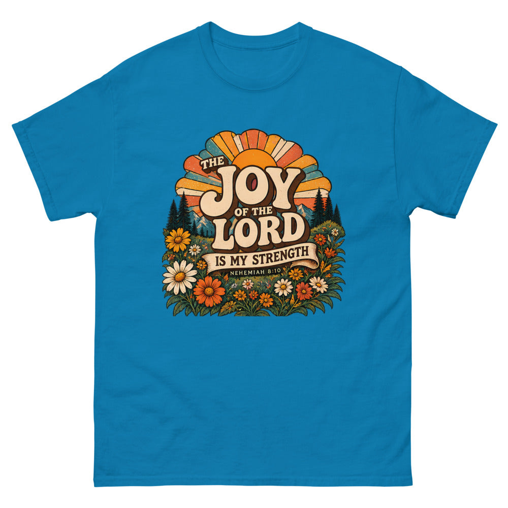 Retro sunburst and wildflowers reading The Joy Of The Lord Is My Strength on a Sapphire shirt