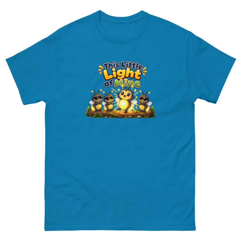 Glowing cartoon firefly with three others in sunglasses and the words This Little Light Of Mine on a Sapphire shirt