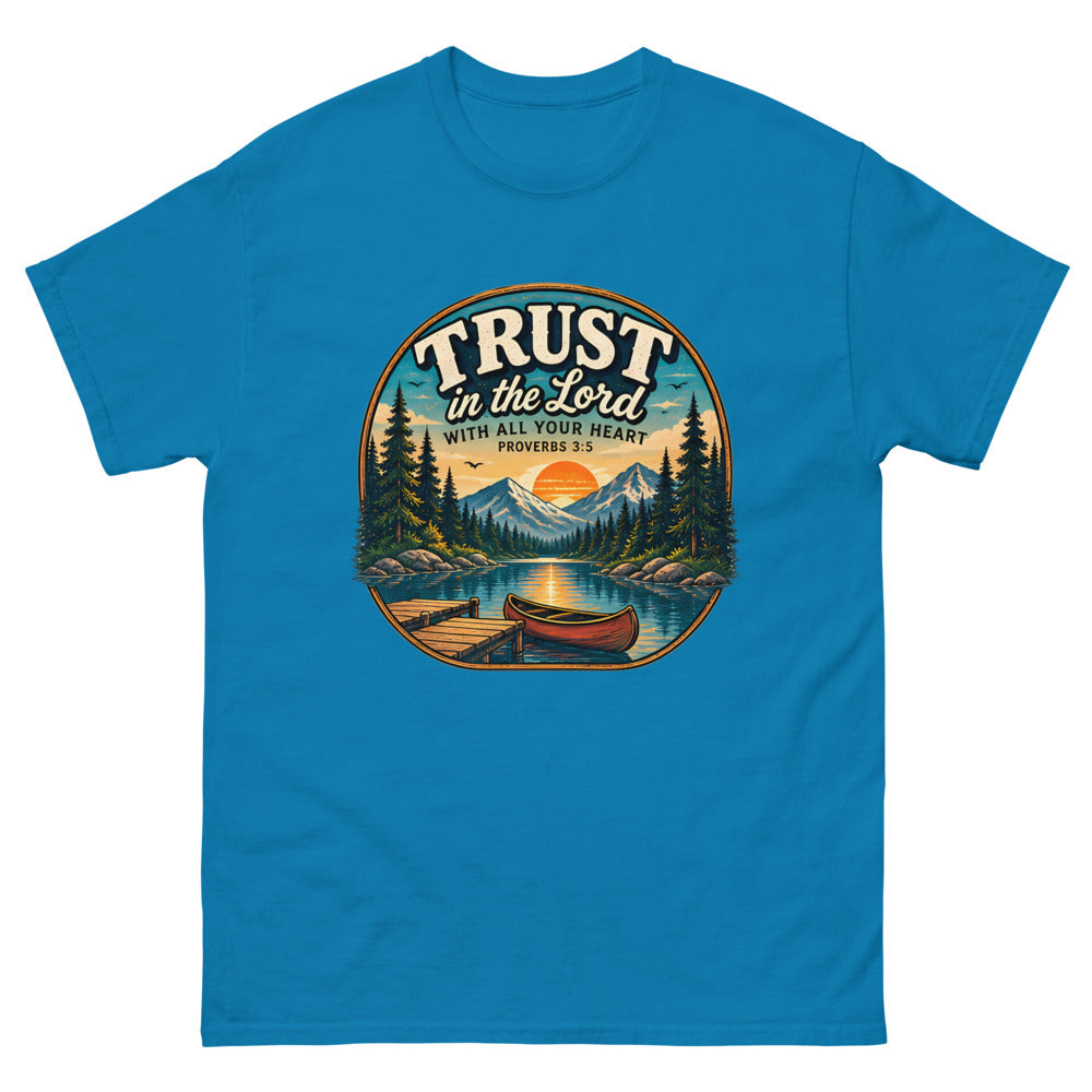Round lakeside badge with a canoe and dock reading Trust In The Lord With All Your Heart on a Sapphire shirt