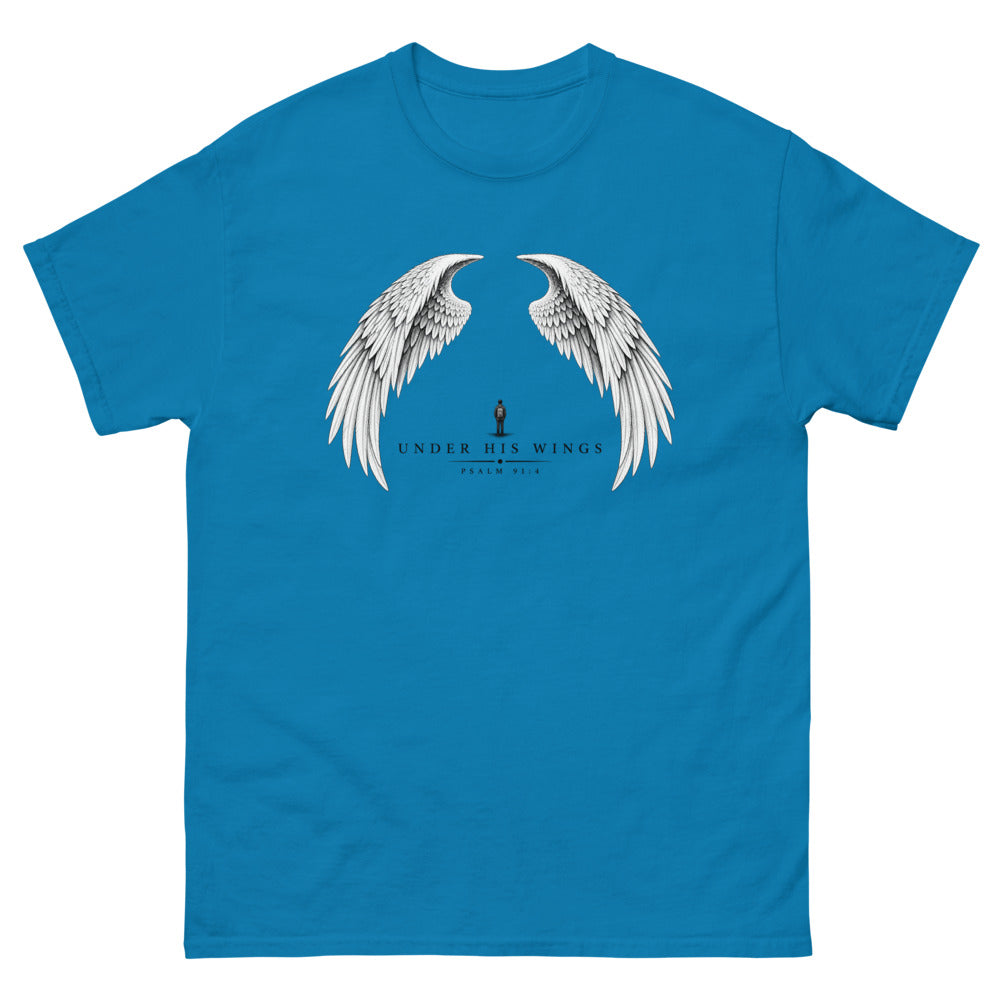 Line art angel wings with a small figure between them and the words Under His Wings on a Sapphire shirt
