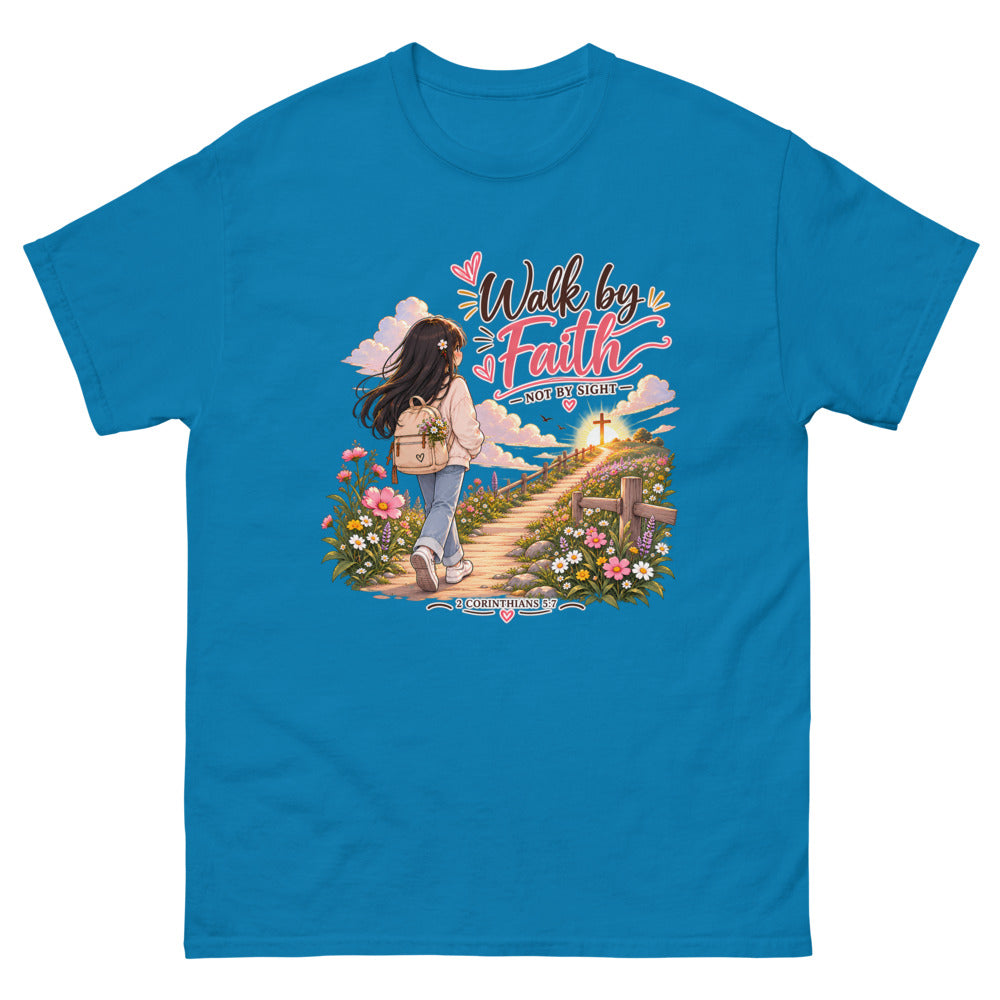 Chibi girl walking a flower-lined path toward a cross with the words Walk By Faith Not By Sight on a Sapphire shirt